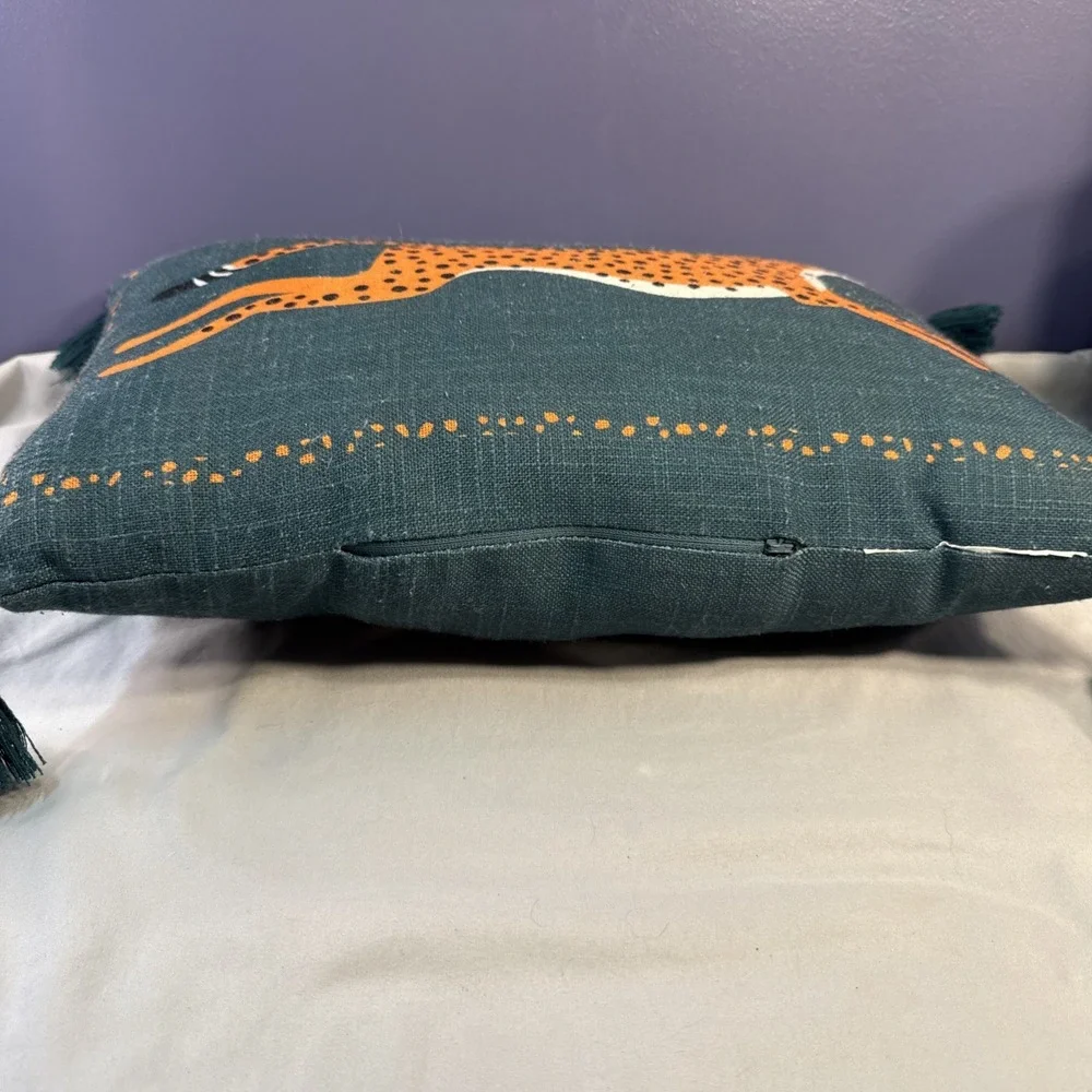 Green Teal Embroidered Leaping Cheetah Luxury Decorative Toss Pillow Tassels